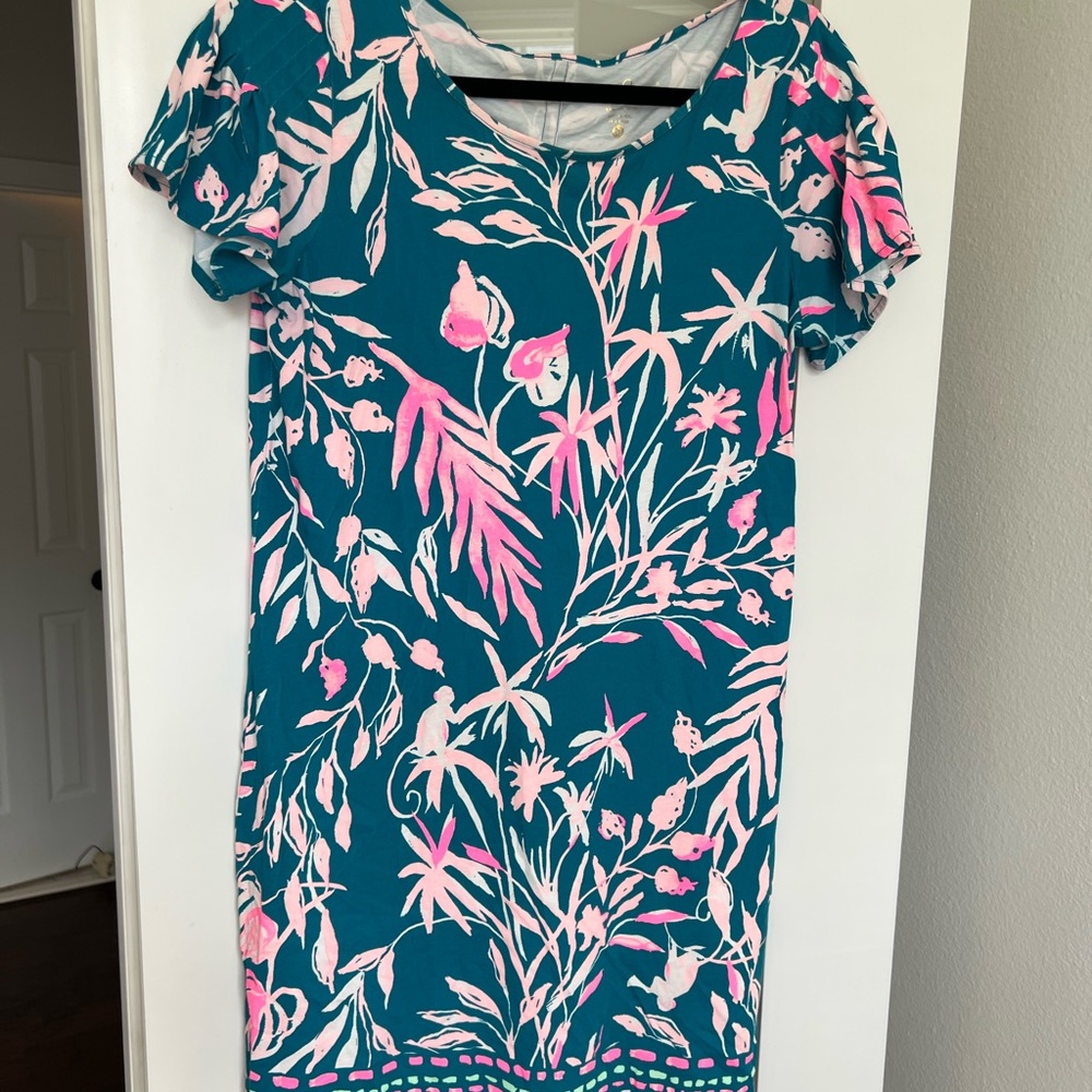 Lilly Pulitzer Floral Teal and Pink T-shirt Dress
